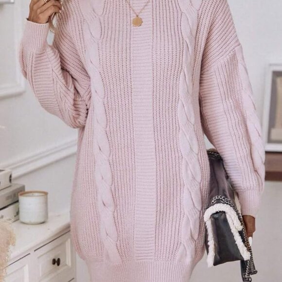 Baby Pink Casual Women's Turtleneck Cable Knit Drop Shoulder Sweater Dress - Picture 5 of 7